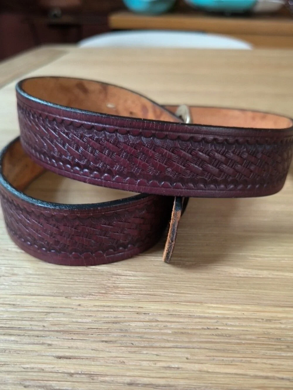 Vintage Leegin Tooled Burgundy Leather Belt 36 Made in USA